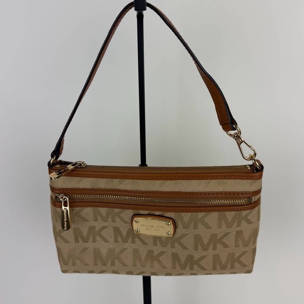 Michael Kors MK Logo Jacquard Wristlet Pouch Shoulder Bag Brown